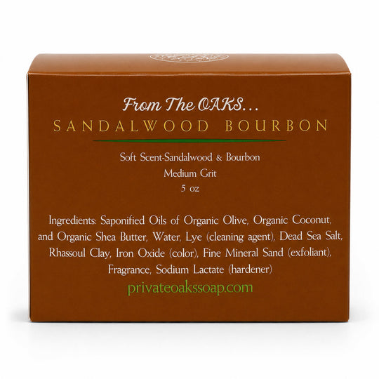 A brown rectangular box for Sandalwood Bourbon soft scented soap by From The OAKS, with white and gold text on the front, photographed on a white background.