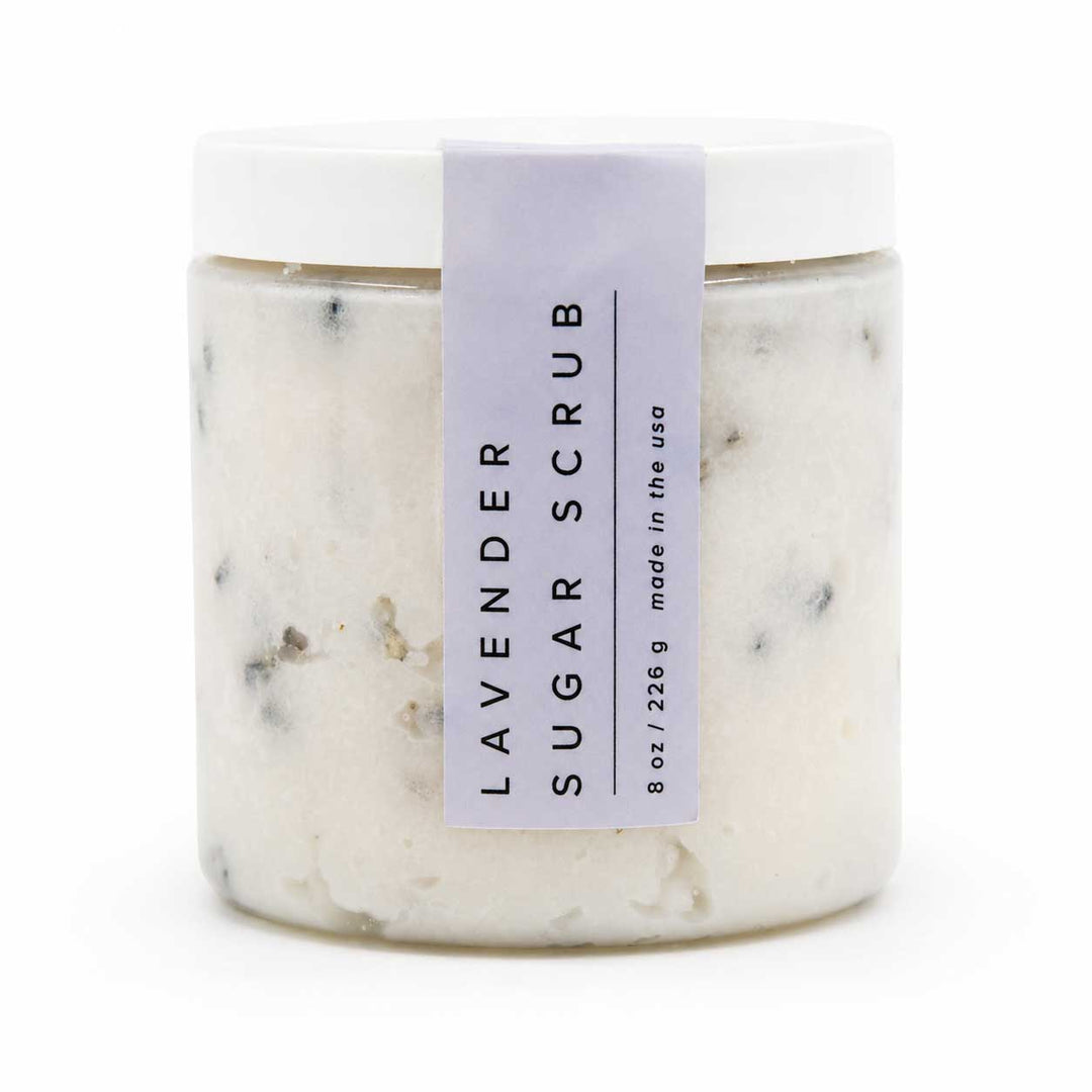 Jar of lavender sugar scrub with a label on a white background