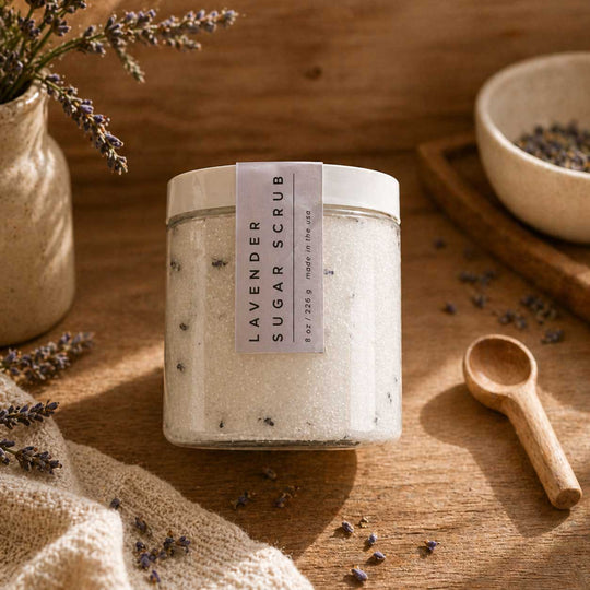 Jar of lavender sugar scrub on a wooden surface with lavender flowers and a wooden spoon.