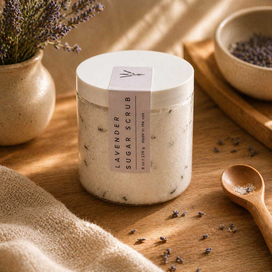 Lavender sugar scrub jar on a wooden surface with lavender flowers and a bowl.