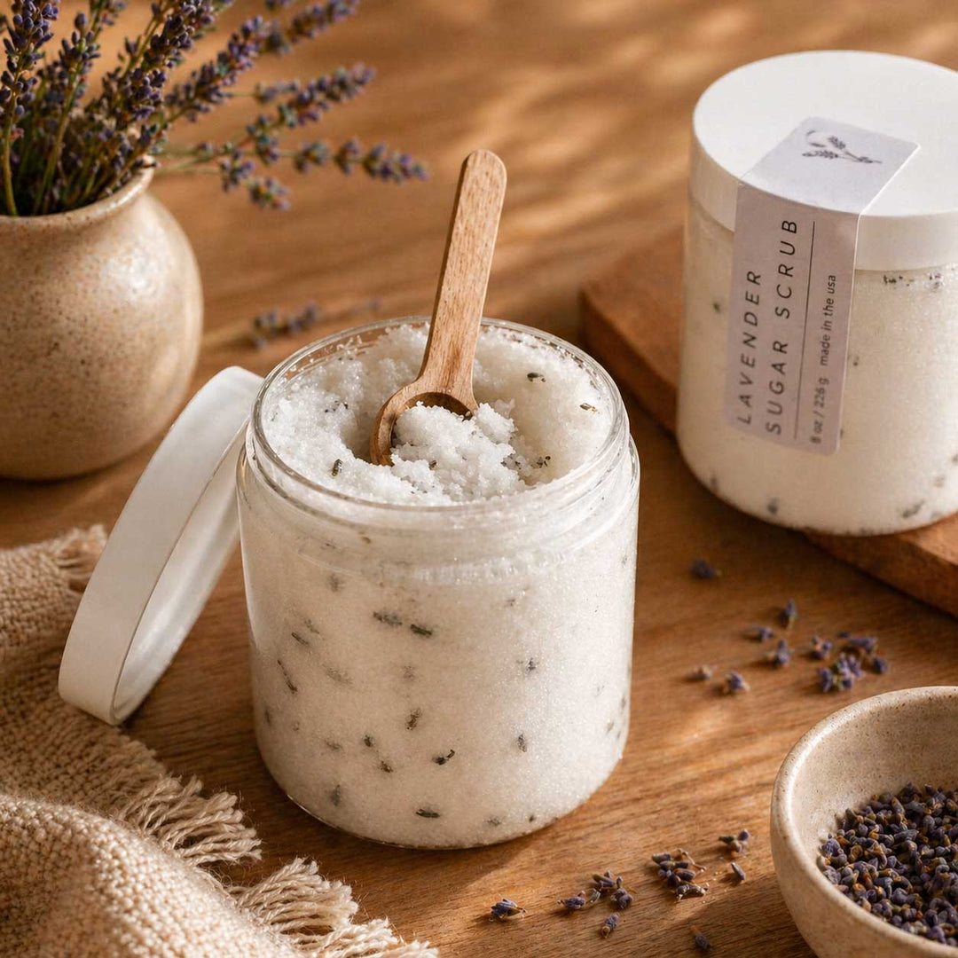 Jar of lavender sugar scrub with a wooden spoon on a wooden surface, surrounded by lavender flowers and leaves.