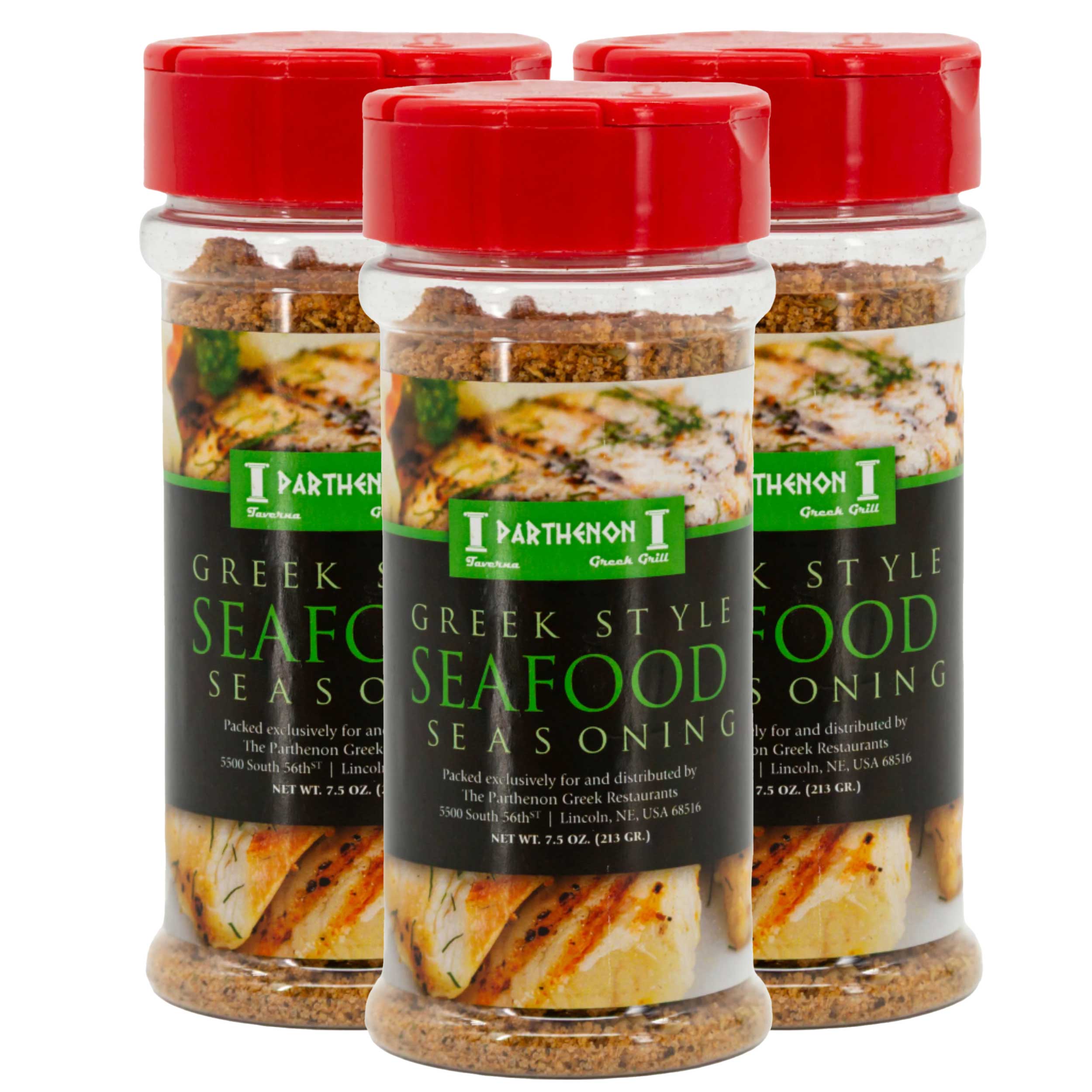 Three jars of Parthenon Greek Style Seafood Seasoning on a white background