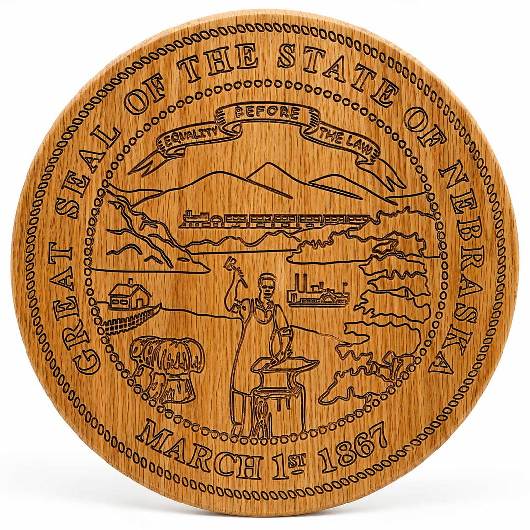 Wooden coaster with engraved seal of the State of Nebraska