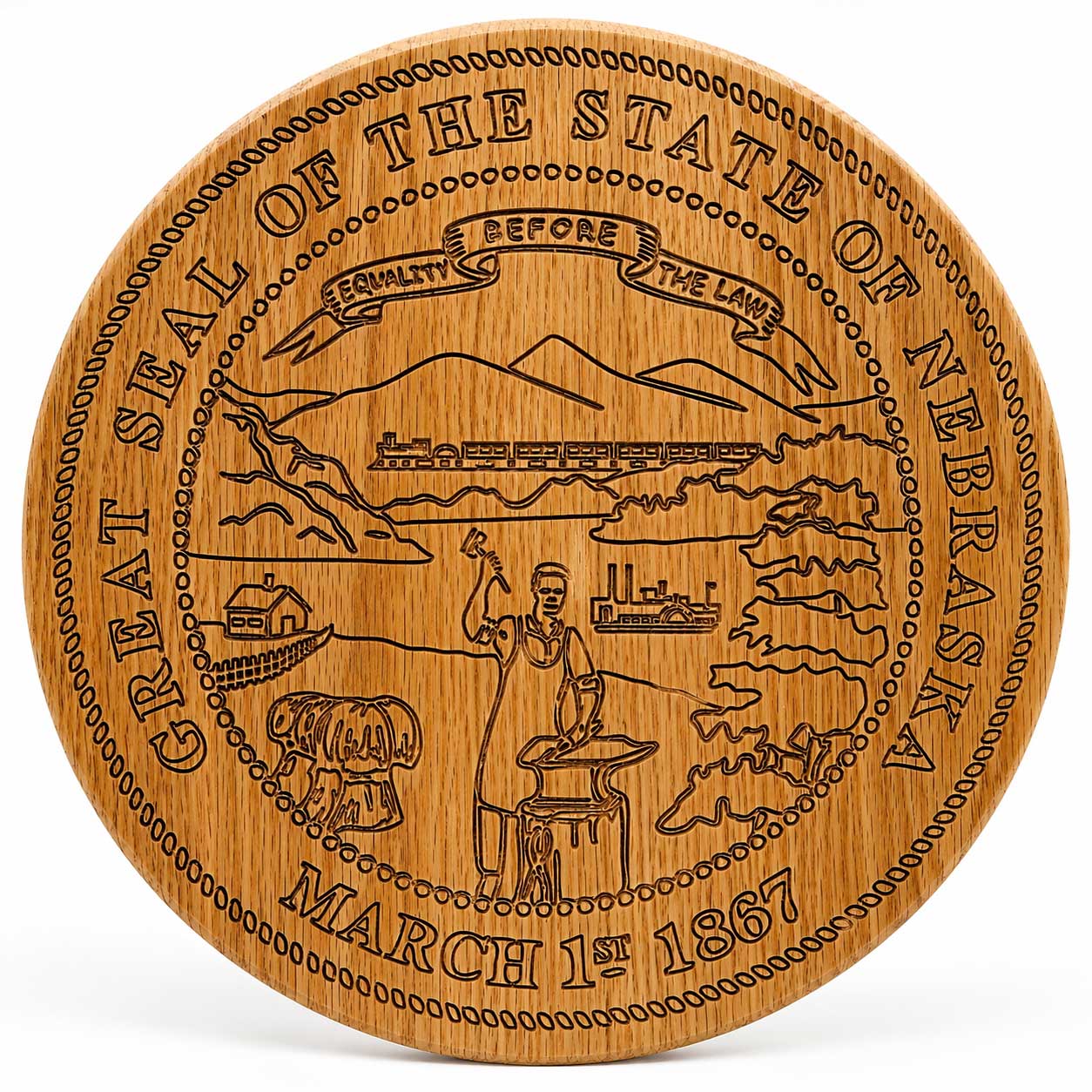 Wooden coaster with engraved seal of the State of Nebraska