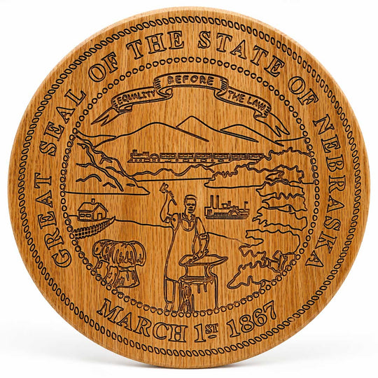 Wooden coaster with engraved seal of the State of Nebraska