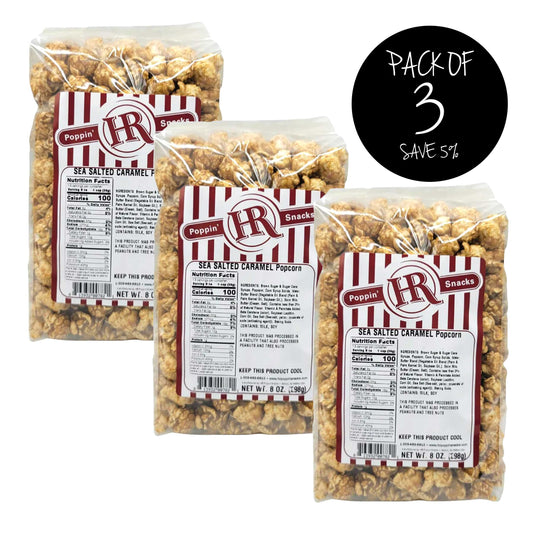 Sea Salted Caramel Popcorn | Pack of 3 | 8 oz. | Classic Caramel Popcorn With A Kick Of Sea Salt | Made in Gibbon, NE | HR Poppin' Snacks