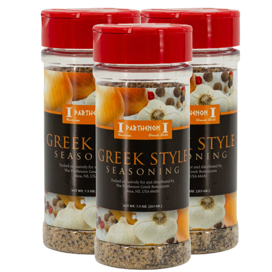 Three jars of Parthenon Greek Style seasoning on a white background