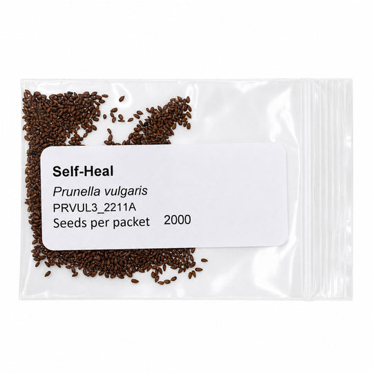 Seed packet labeled 'Self Heal' with seeds inside on a white background