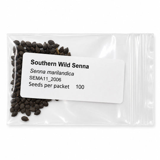 Seed packet labeled 'Southern Wild Senna' with black seeds inside on a white background