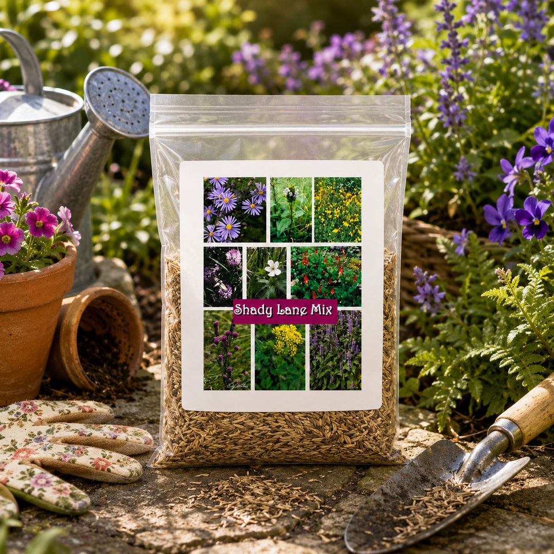 Bag of garden mix with gardening tools and plants in the background
