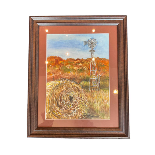 Hay Bale & Windmill Painting | Frame Included | Hand-Painted | Sheryl Hickman Art