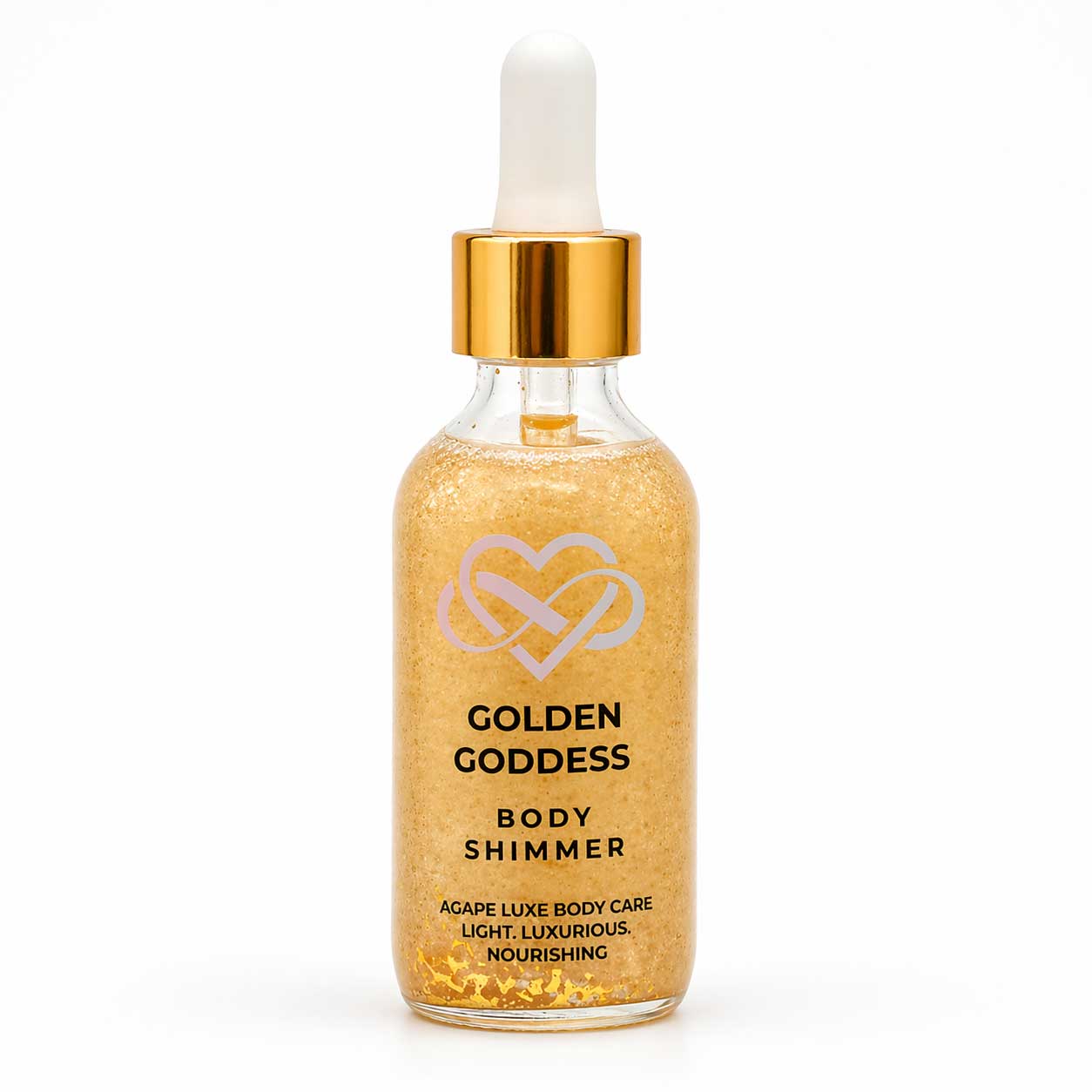 Bottle of Golden Goddess Body Shimmer with gold cap on a white background