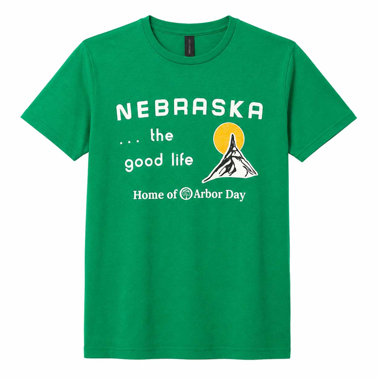 A green short-sleeve crewneck t-shirt featuring a white graphic print on the front that reads 'NEBRASKA .