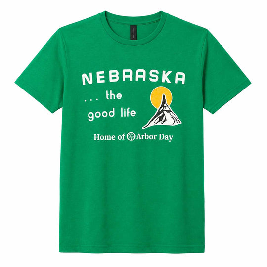A green short-sleeve crewneck t-shirt featuring a white graphic print on the front that reads 'NEBRASKA .