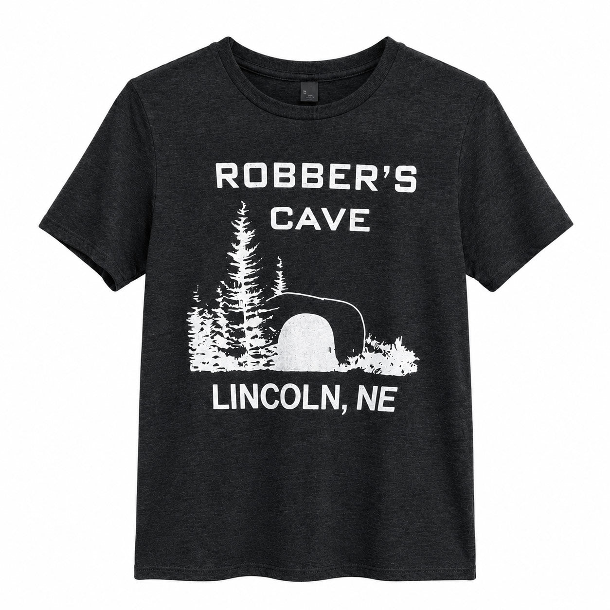 A dark heather gray short-sleeve t-shirt with a white graphic print that reads 'ROBBER'S CAVE' and 'LINCOLN, NE' with an illustration of a cave entrance, trees, and a tent.