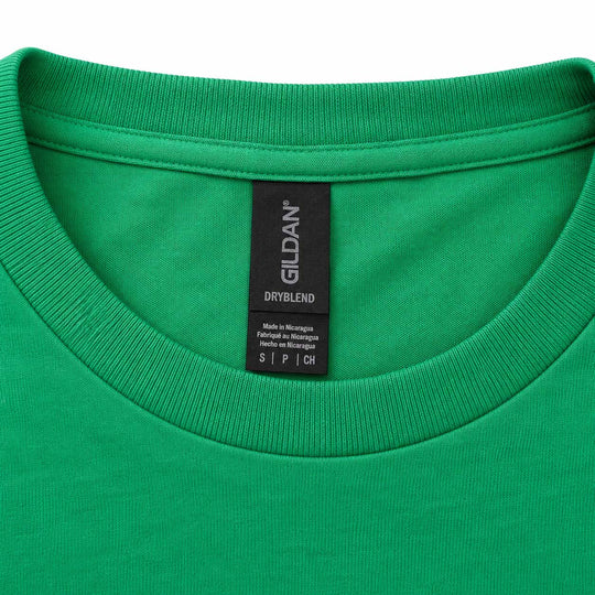 Close-up of a bright green crewneck t-shirt showing the inner neck label which reads GILDAN DRYBLEND.