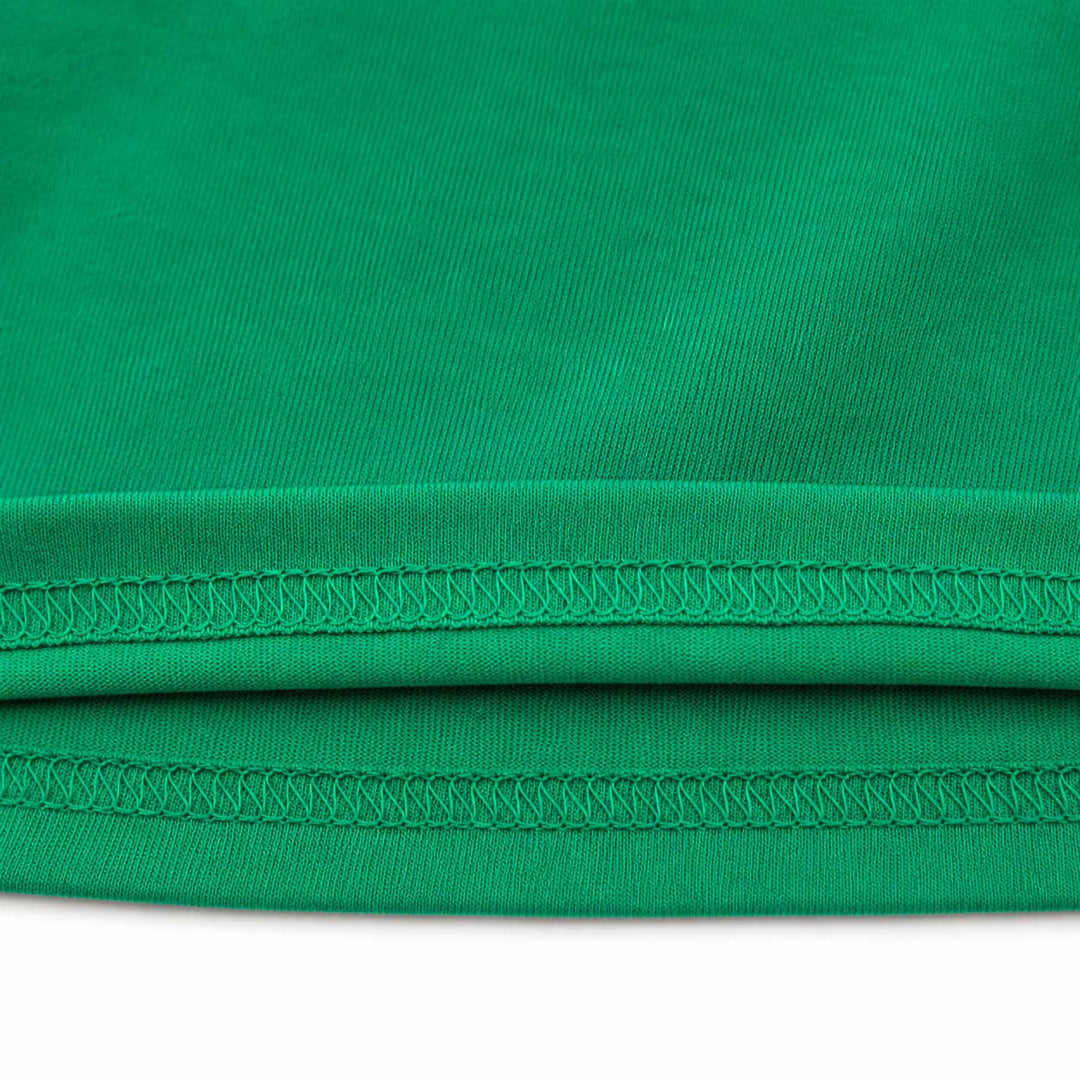 Close-up of a bright green ribbed fabric with double rows of matching green stitching along the hem, shown against a white background.