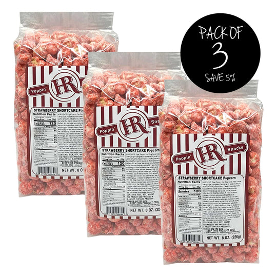 Strawberry Shortcake Popcorn | Pack of 3 | 8 oz. | Creamy Strawberry Flavor | Dusted In Shortcake | Made in Gibbon, NE | HR Poppin' Snacks