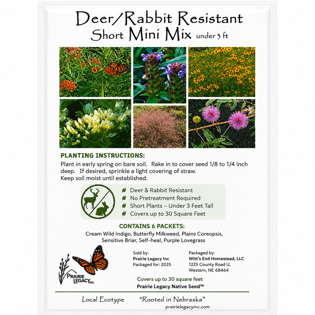 Deer/Rabbit Resistant Short Mini Mix seed packet with planting instructions and images of plants.