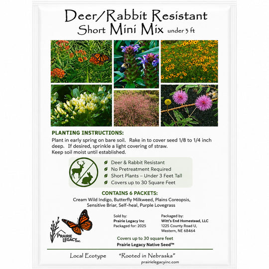 Deer/Rabbit Resistant Short Mini Mix seed packet with planting instructions and images of plants.