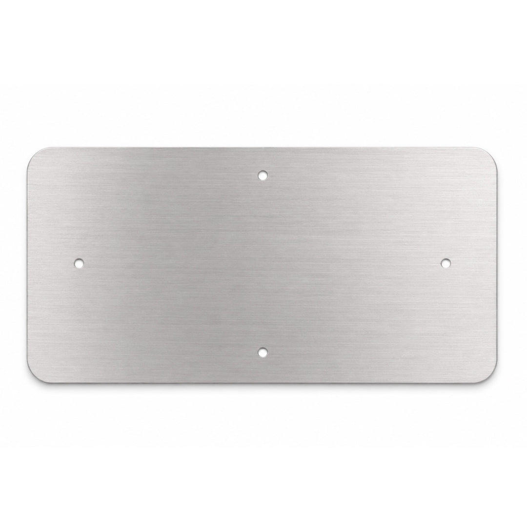 A rectangular brushed metal plate with rounded corners and four pre-drilled screw holes, shown on a plain white background.