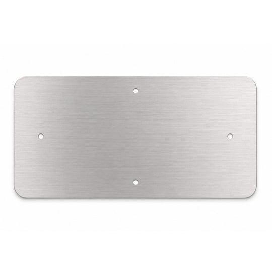 A rectangular brushed metal plate with rounded corners and four pre-drilled screw holes, shown on a plain white background.
