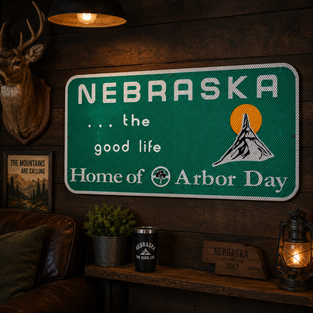 A green Nebraska road-sign style wall sign with white lettering reading 'NEBRASKA .