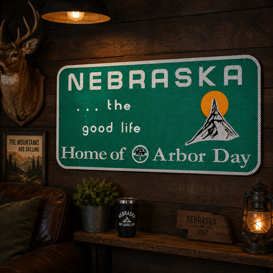 A green Nebraska road-sign style wall sign with white lettering reading 'NEBRASKA .