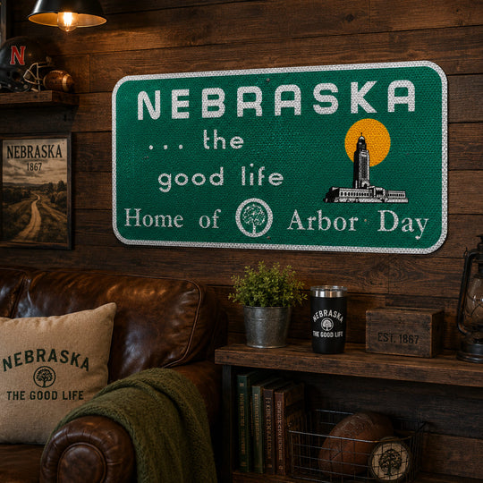 A green Nebraska road-sign style wall decor piece with white text reading 'NEBRASKA .