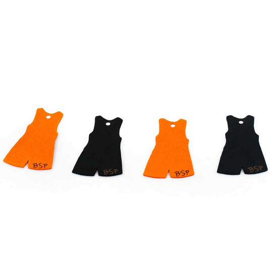 Four small orange and black vests with 'BSP' branding on a white background