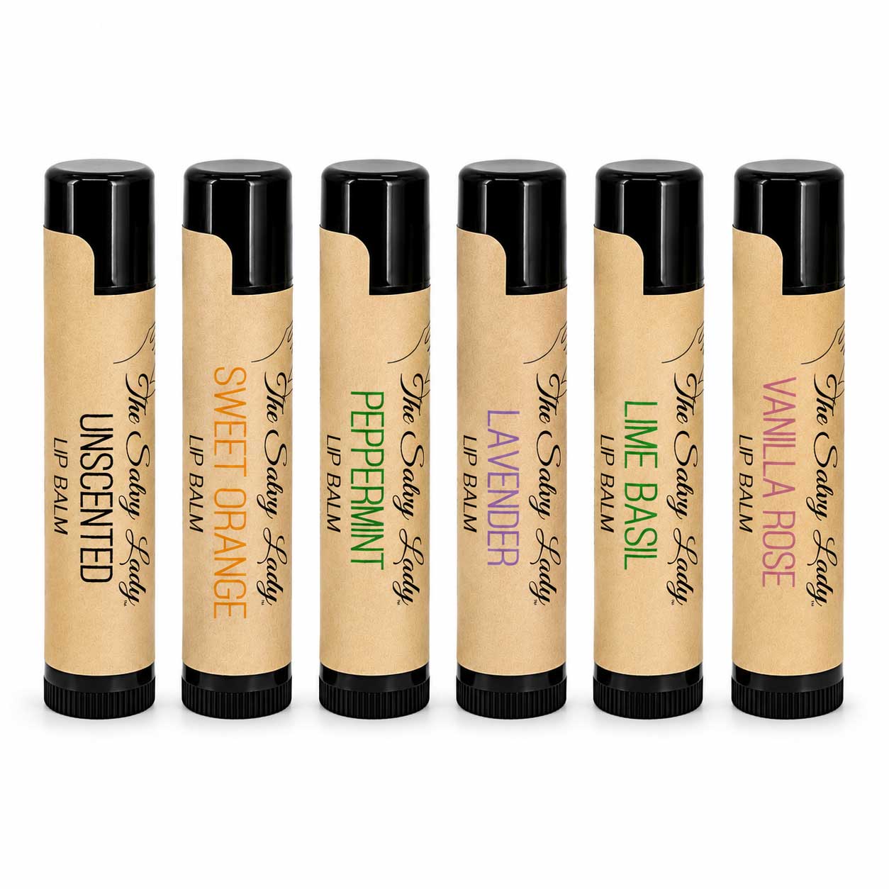 Set of six lip balms with different scents on a white background