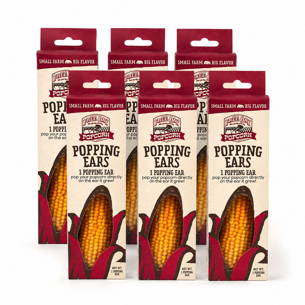 Five packages of 'Popping Ears' popcorn on a white background