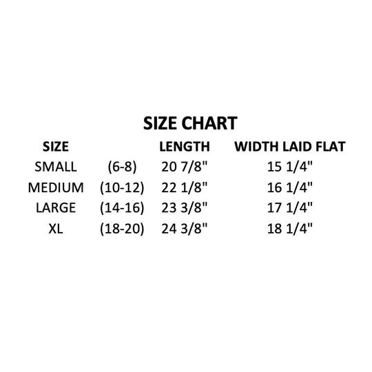Size Chart for Nature Finds & Designs.
