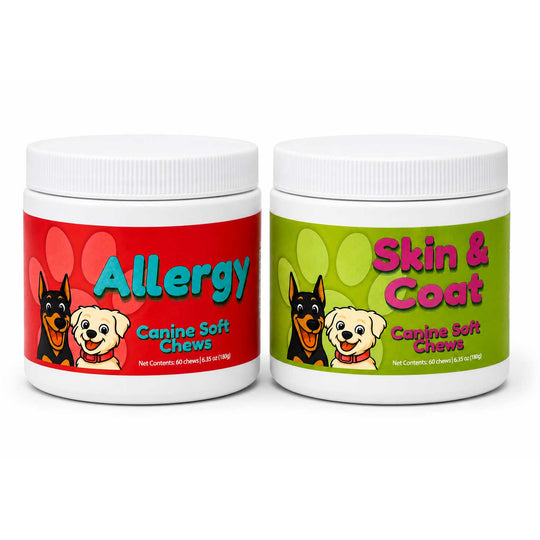 Two white plastic jars of Canine Soft Chews shown side by side on a white background. The left jar has a red label with the word 'Allergy' and shows dogs on the label.