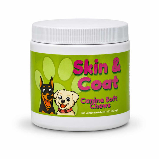 A white plastic jar of Canine Soft Chews 'Skin & Coat' dog supplement with a bright green label featuring cartoon dogs and a paw print.