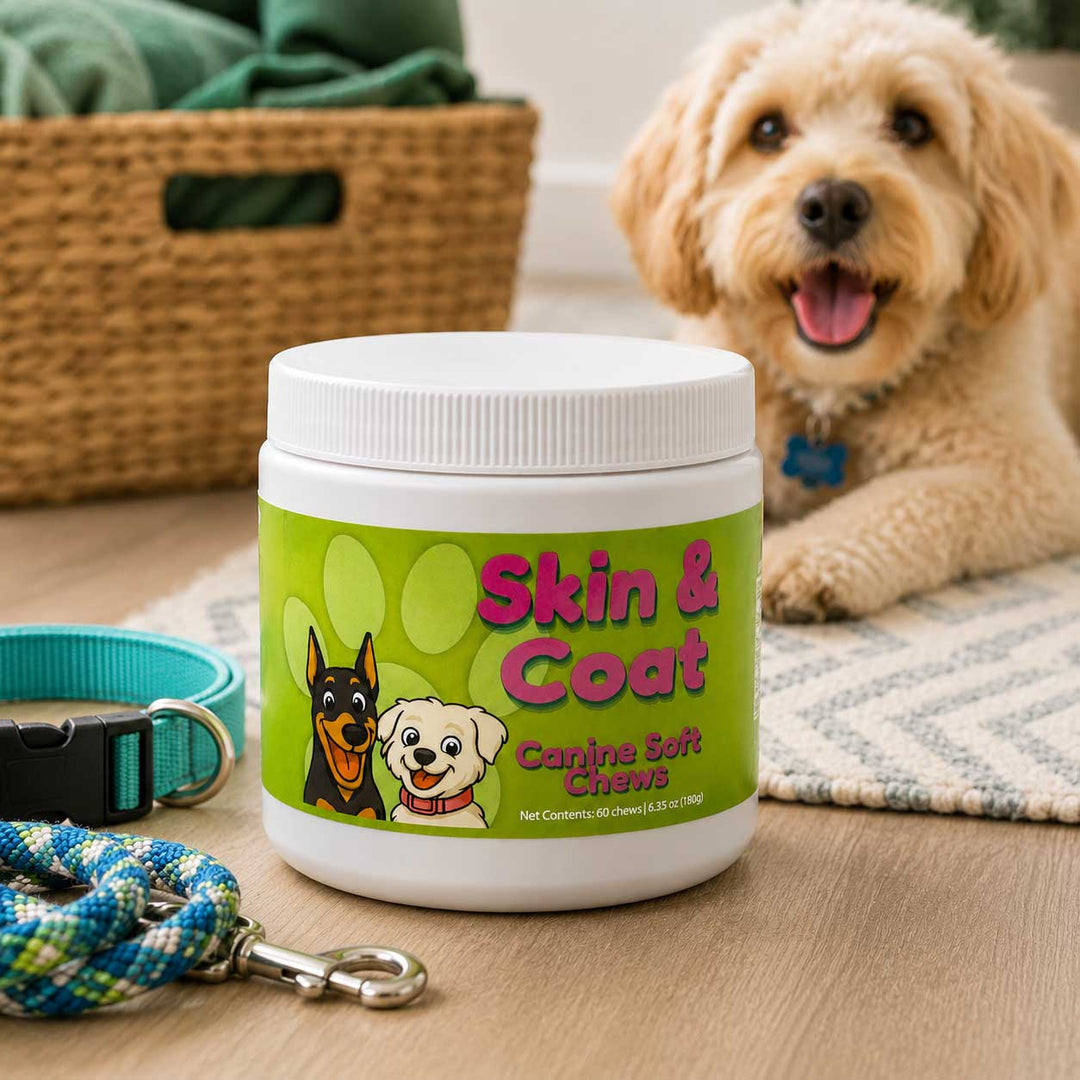 A white plastic jar of Canine Skin & Coat Caregiver with a green label, placed on a wooden floor in front of a smiling golden dog. A woven basket, a blue collar, and a rope leash are also visible in the scene.
