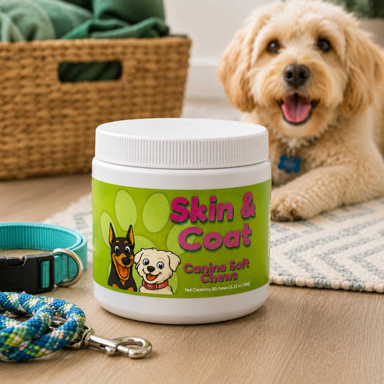 A white plastic jar of Canine Skin & Coat Caregiver with a green label, placed on a wooden floor in front of a smiling golden dog. A woven basket, a blue collar, and a rope leash are also visible in the scene.