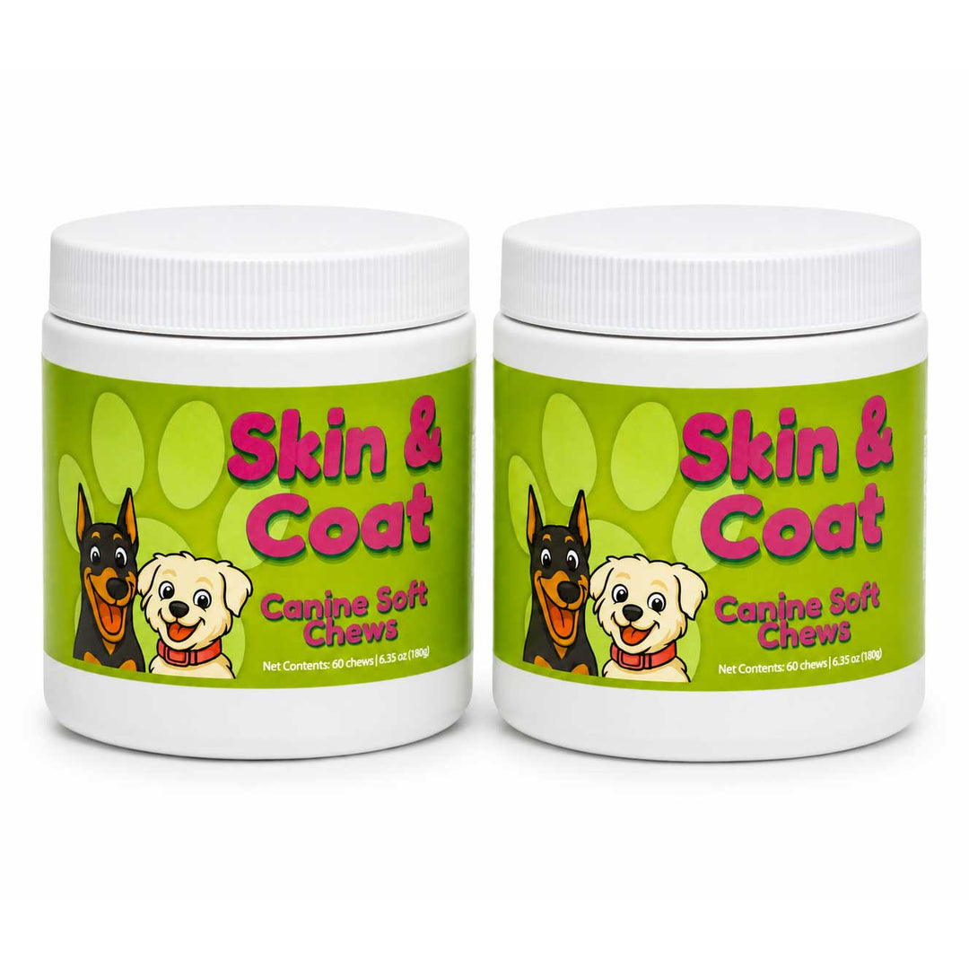 Two white plastic jars of 'Skin & Coat' canine soft chews with green labels, displayed side-by-side on a white background.