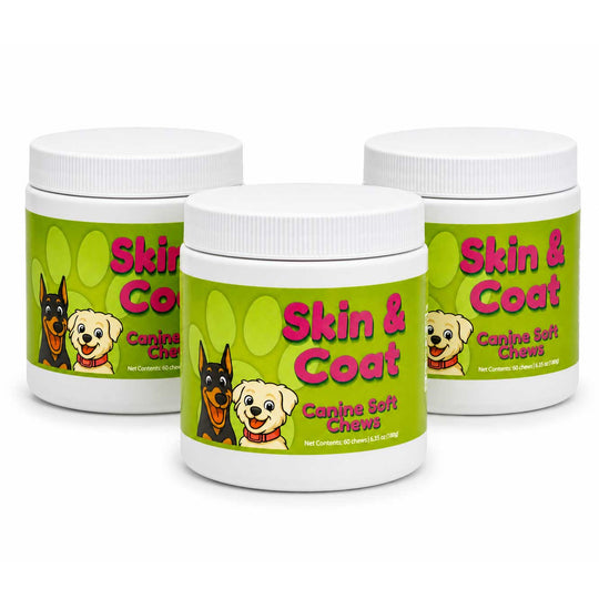 Three white plastic jars of Skin & Coat Canine Soft Chews arranged in a triangular formation on a white background. The jars feature a bright green label with pink text and cartoon illustrations of various dog breeds.