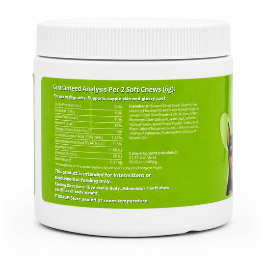 A white plastic bottle of dog supplement chews with a bright green label showing text and a small dog illustration, photographed on a clean white background.