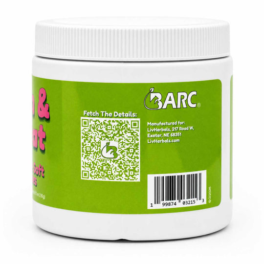 A white plastic jar of LivHerbal 'B & E' supplement with a bright green label showing a QR code, BARC logo, and barcode.