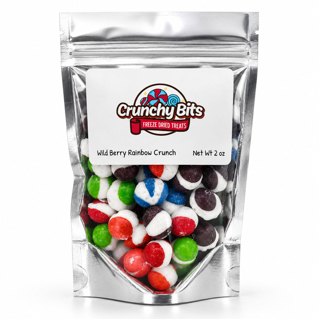 Packaged Crunchy Bits freeze dried treats with colorful round pieces on a white background