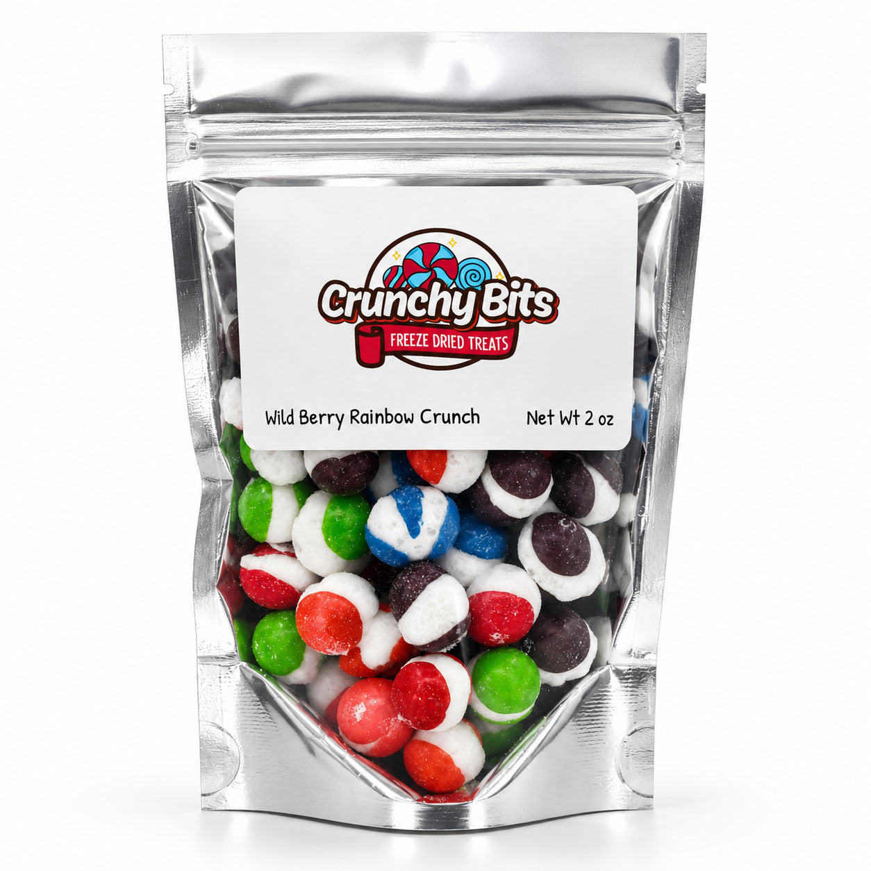 Packaged Crunchy Bits freeze dried treats with colorful round pieces on a white background