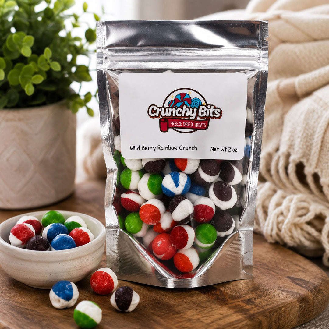 Packaged Crunchy Bits Wild Berry Rainbow Crunch treats on a wooden surface with a plant and blanket in the background.