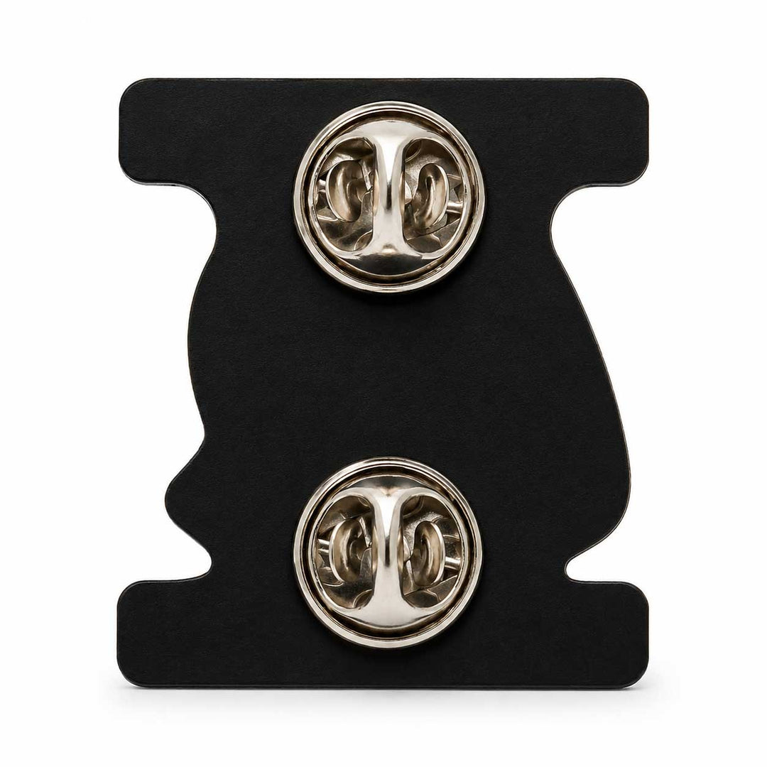 A pair of silver-toned lapel pins mounted on a black display card, photographed against a plain white background.