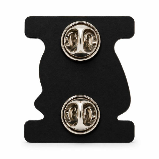 A pair of silver-toned lapel pins mounted on a black display card, photographed against a plain white background.