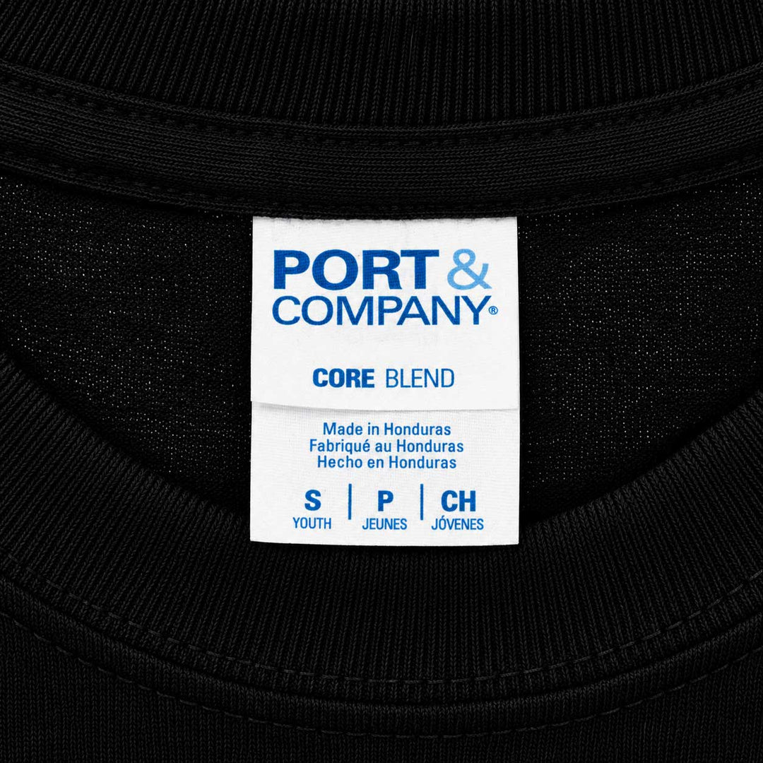 Close-up of a black ribbed garment neck label reading PORT & COMPANY CORE BLEND, with size information for Youth, Young, and Children.