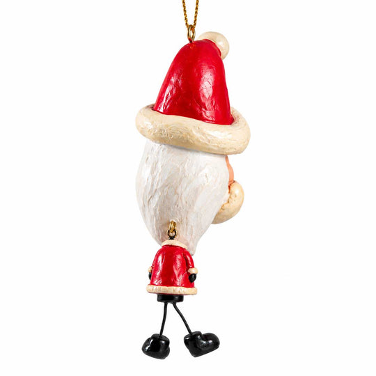 A whimsical Santa Claus hanging ornament shown from the back, featuring a textured white beard, a red hat with a cream trim, a small red coat, and black legs, suspended against a plain white background.