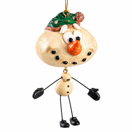 A whimsical snowman hanging ornament made from a beige stone or ceramic pot with a green hat, orange nose, black buttons and gloves, and black legs, shown against a plain white background.