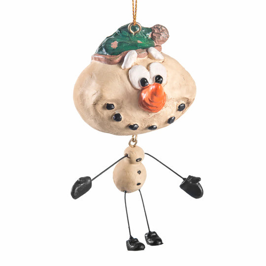 Decorative ornament shaped like a snowman with a green hat on a white background